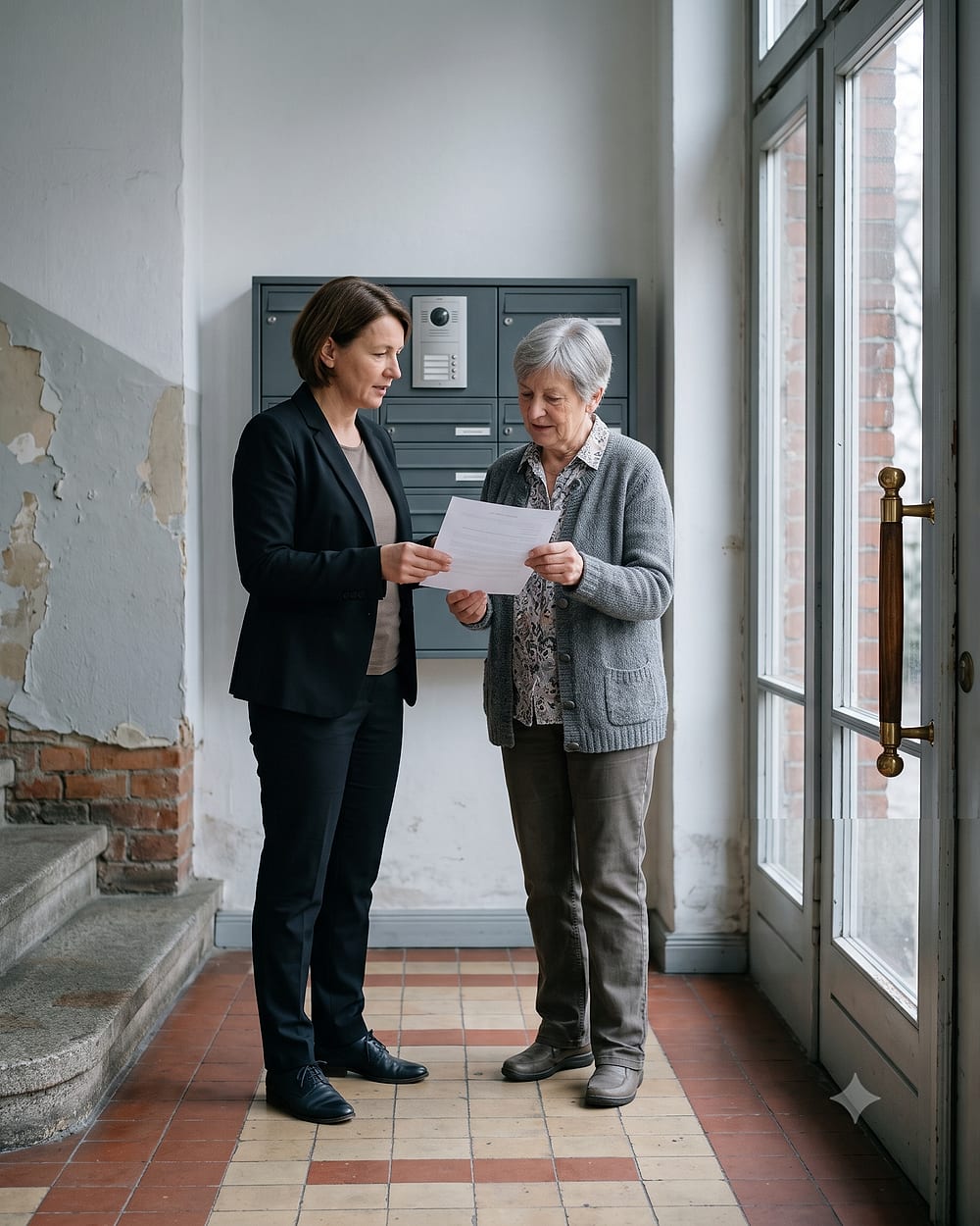 Hausverwalter im Gespräch mit Eigentümern vor einem gepflegten Mehrfamilienhaus